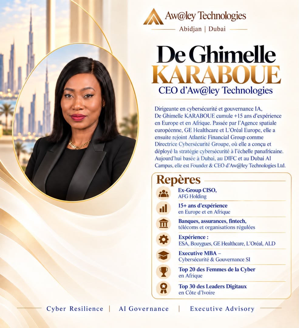 Présentation du parcours de Ghimelle Karaboué, dirigeante en cybersécurité et gouvernance de l’IA